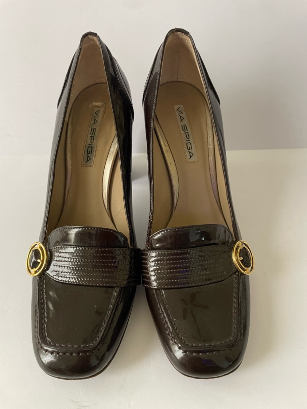 Vintage Via Spiga Brown Patent Leather Gold Buckle Block Chunky Heels pumps 8.5